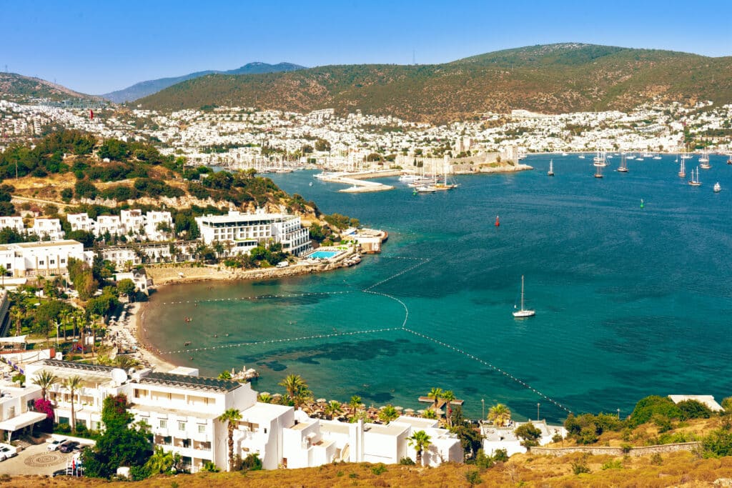 Panoramic view of Bodrum city, Turkey and Saint Peter Castle and marina. Summer landscape