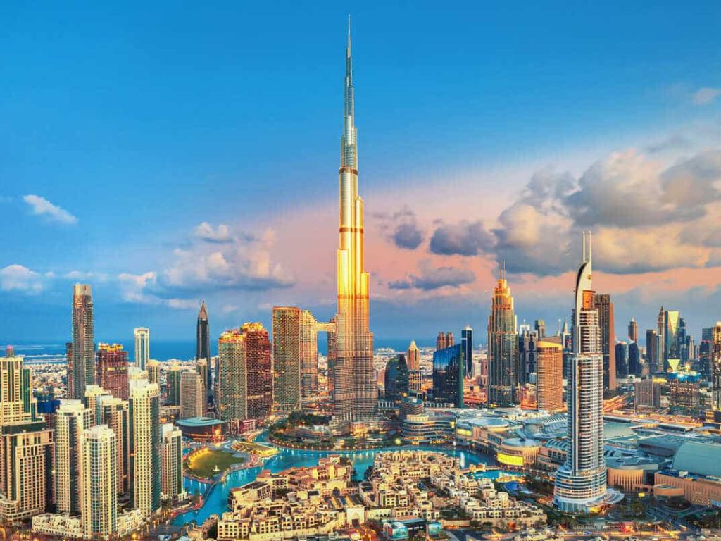 Skyline-Of-Dubai-United-Arab-Emirates-With-The-Tallest-Building-In-The-World-Burj-Khalifa-Reflecting-The-Sun-Shine-And-A-Sea-Of-Skyscrapers-Surrounding-It-Middle-East