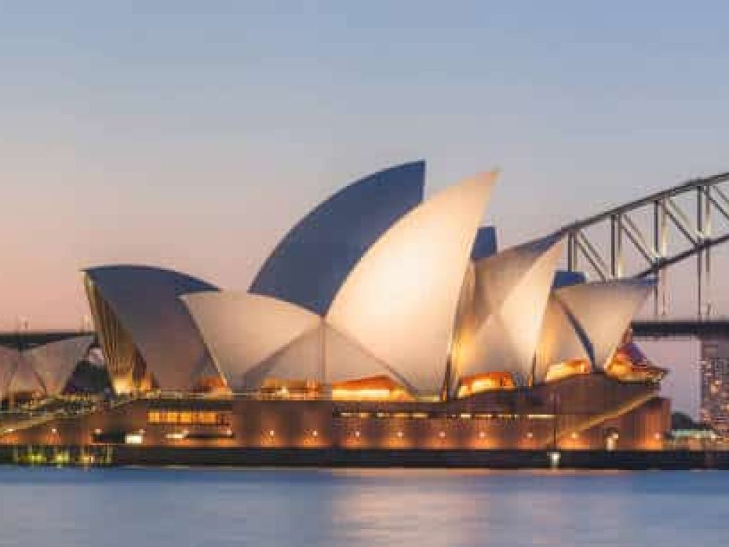 Summer evening panoramic twilight view of the iconic Sydney Opera House and Harbour Bridge from Mrs Macquarie's Chair in NSW.