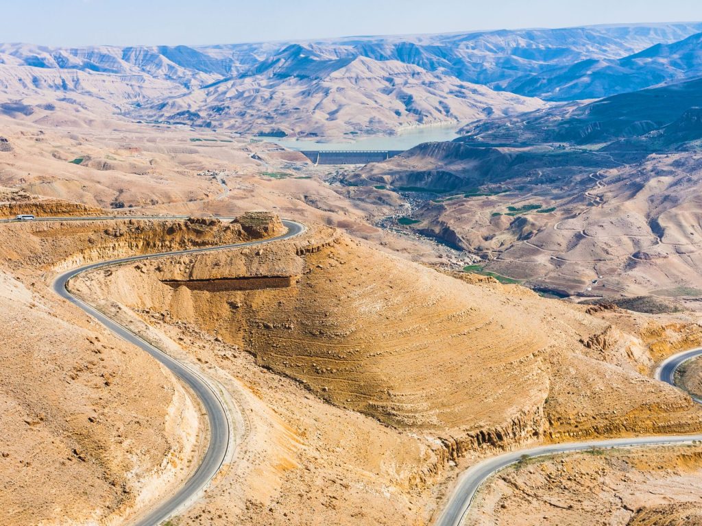 Travel to Middle East country Kingdom of Jordan - King's road in mountain near Al Mujib dam on Wadi Mujib river (River Arnon) near Dhiban town in winter